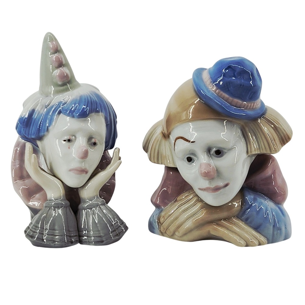Meico Inc Porcelain Sad Clown Figurines Set of 2 VTG Hand Painted Circus Decor